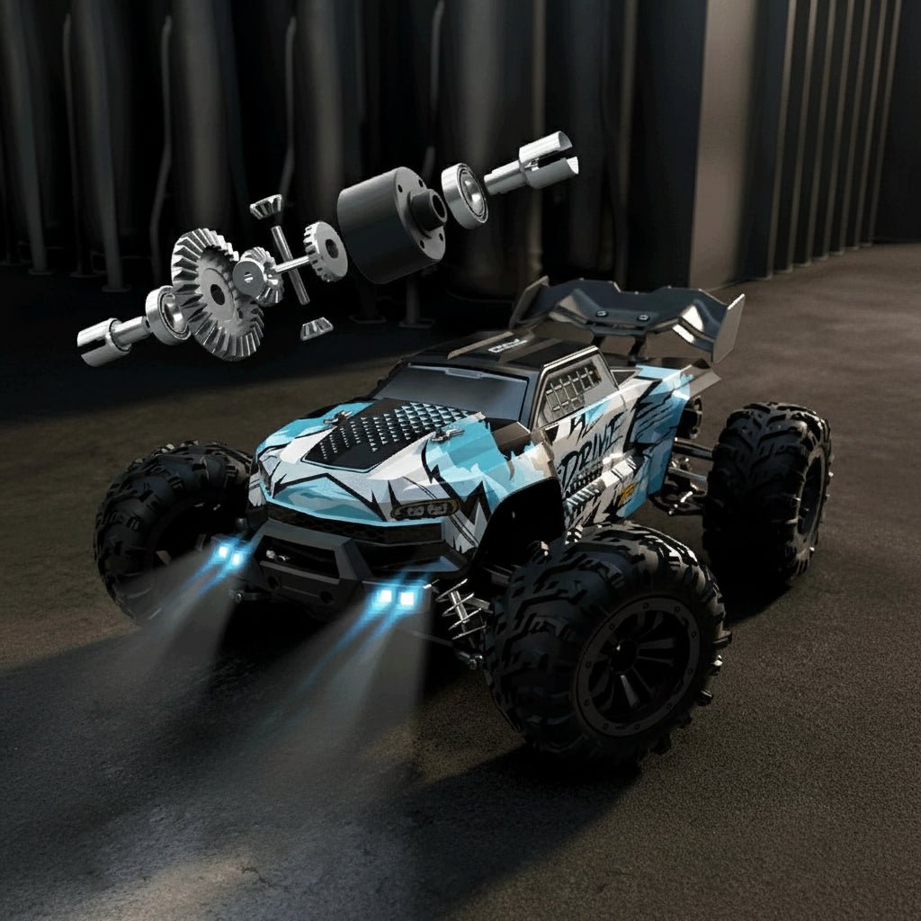Elektrisk, firehjulsdrevet leketøy lastebil med fungerende LED-lys, ideell for offroad-eventyr.