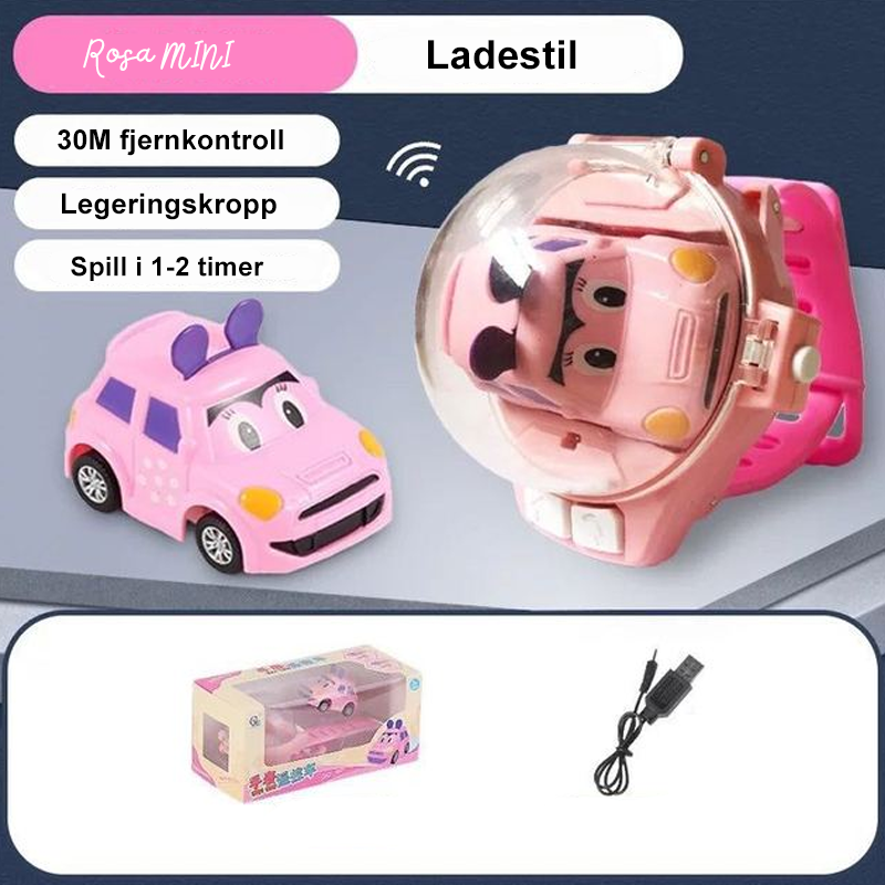 "Fjernkontrollbil for barn i klokkeformat, blå. Sikker ABS-plast, barnevennlige knapper, justerbar stropp."