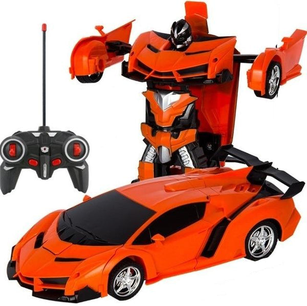 Oversiktsbilde av transformerbil både som bil og robot, allsidig fjernstyrt leketøy for barn og voksne.