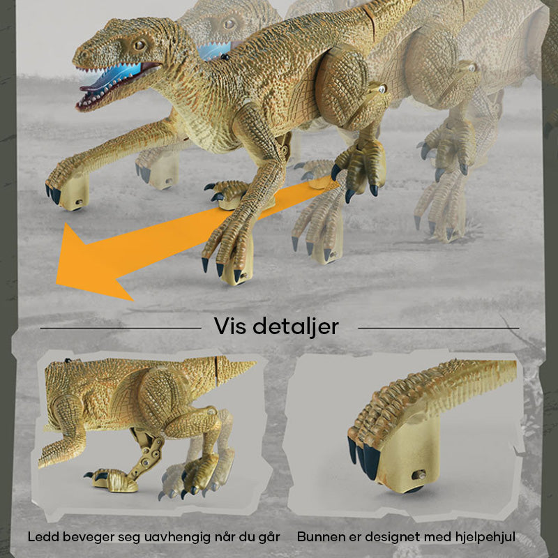 "Fjernstyrt Velociraptor dinosaurleke med realistiske 3D-øyne og hudtekstur for barn, perfekt for dinosaurentusiaster."