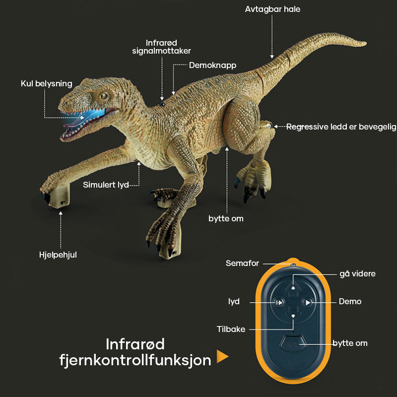"Fjernstyrt Velociraptor dinosaurleke med realistiske 3D-øyne og hudtekstur for barn, perfekt for dinosaurentusiaster."