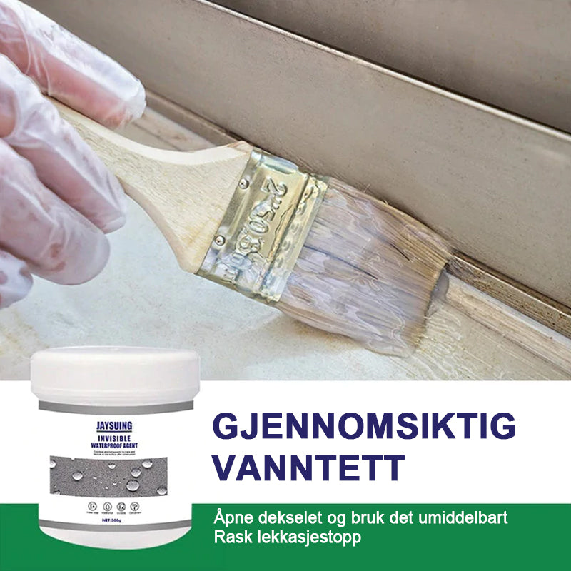 "Flaske med gjennomsiktig vanntett beleggmiddel foran ulike overflater. Ideell for langvarig beskyttelse."