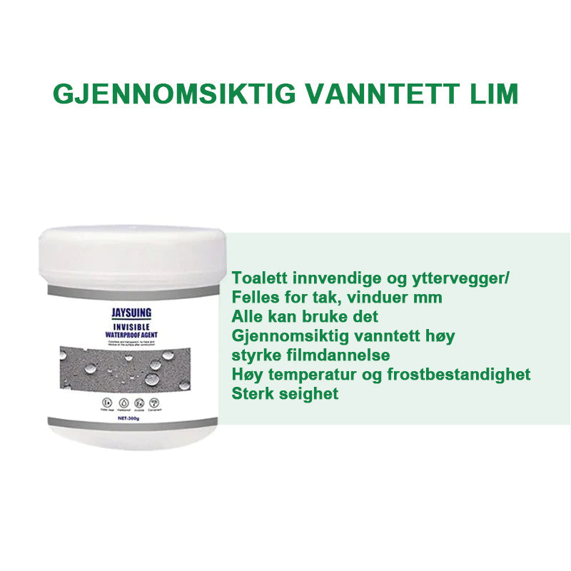 "Flaske med gjennomsiktig vanntett beleggmiddel foran ulike overflater. Ideell for langvarig beskyttelse."
