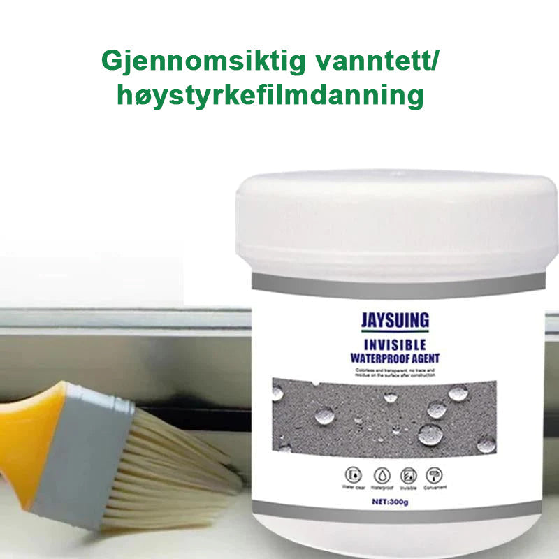 "Flaske med gjennomsiktig vanntett beleggmiddel foran ulike overflater. Ideell for langvarig beskyttelse."
