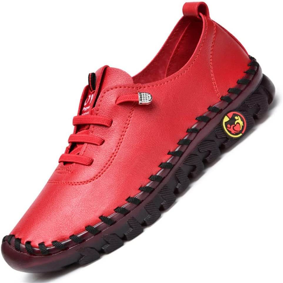 Svarte skinnloafers for damer, ortopedisk design, flate, sklisikre og komfortable til hverdagsbruk.