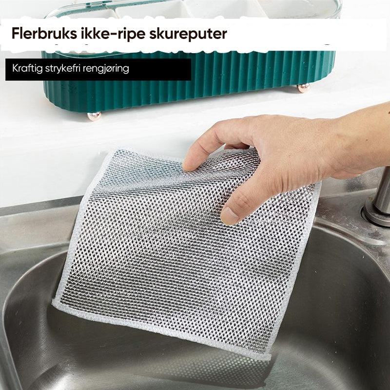 "Fleksibel metalltråd oppvaskklut, sølv, 20x20 cm, kraftig rengjøring for rust og flekker, allsidig våt/tørr bruk."