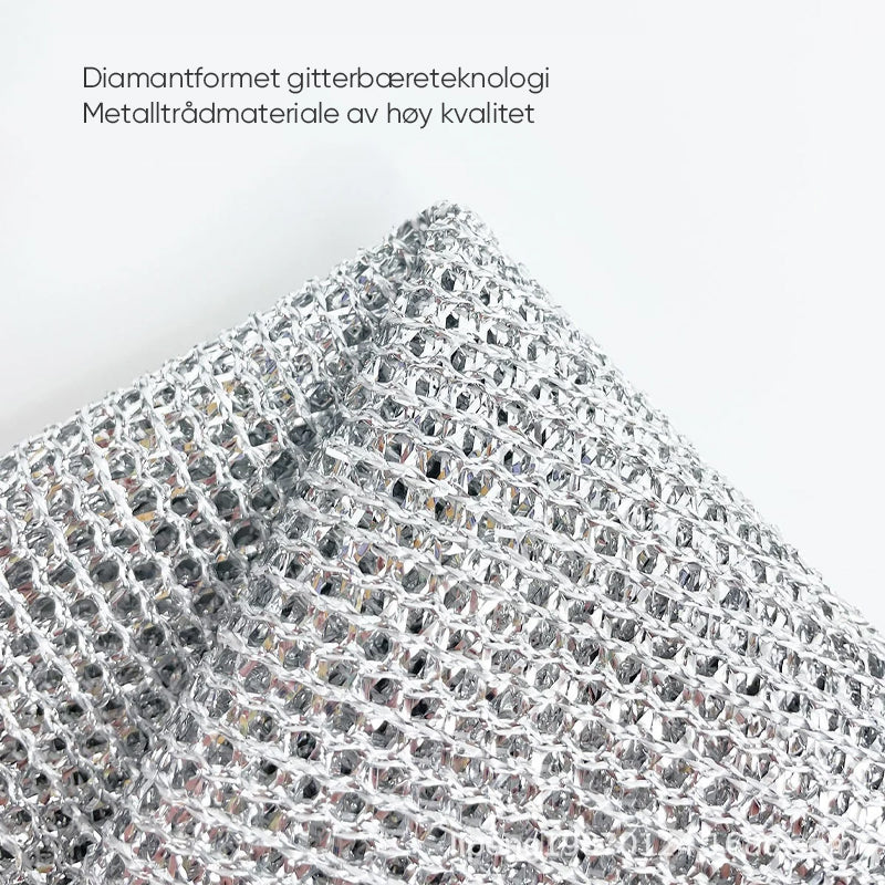 "Fleksibel metalltråd oppvaskklut, sølv, 20x20 cm, kraftig rengjøring for rust og flekker, allsidig våt/tørr bruk."