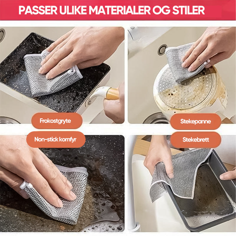 "Fleksibel metalltråd oppvaskklut, sølv, 20x20 cm, kraftig rengjøring for rust og flekker, allsidig våt/tørr bruk."
