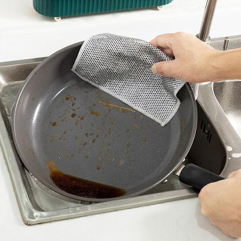 "Fleksibel metalltråd oppvaskklut, sølv, 20x20 cm, kraftig rengjøring for rust og flekker, allsidig våt/tørr bruk."