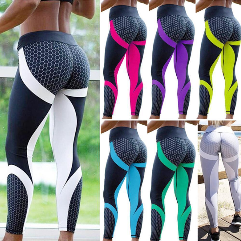 "Fleksible yogabukser med geometrisk trykk, høy midje, og stretchmateriale for optimal komfort og trendy stil."