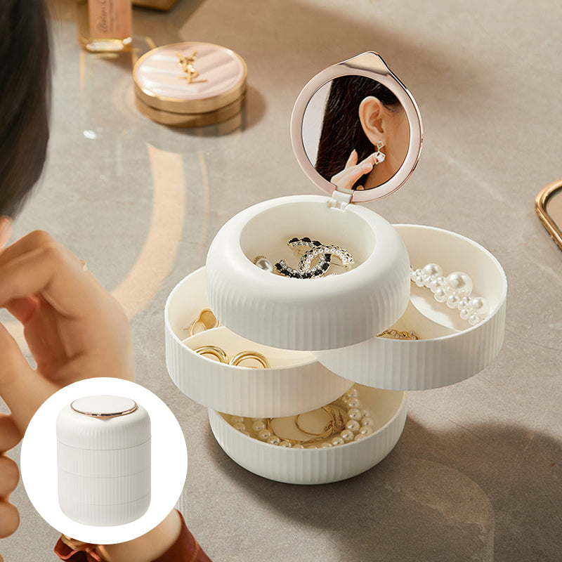 "Flerlags smykkeskrin med 360 graders roterende design, i elegant hvit, for trygg og organisert smykkeoppbevaring."