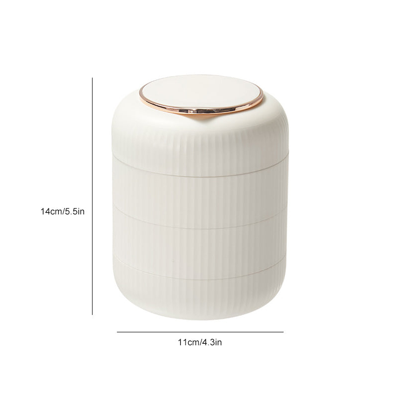 "Flerlags smykkeskrin med 360 graders roterende design, i elegant hvit, for trygg og organisert smykkeoppbevaring."