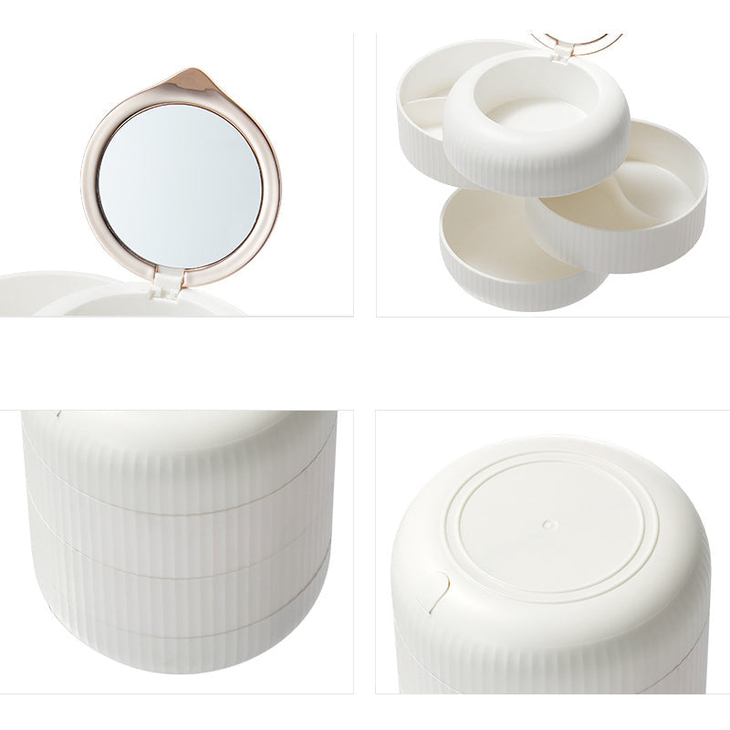 "Flerlags smykkeskrin med 360 graders roterende design, i elegant hvit, for trygg og organisert smykkeoppbevaring."