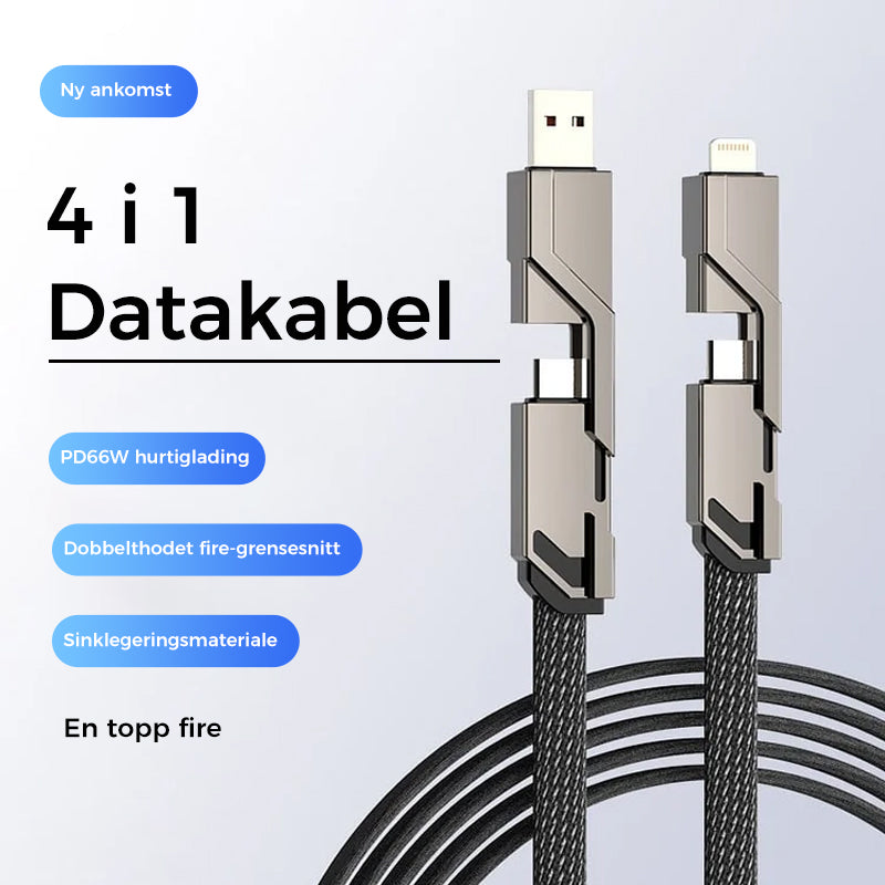 "Flettet 4-i-1 laderledning med borrelås, anti-floke design, rask lading, USB A/C og Lightning-porter."