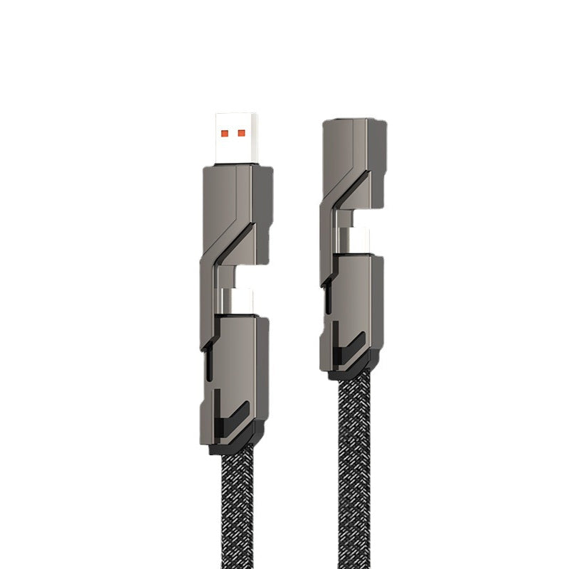 "Flettet 4-i-1 laderledning med borrelås, anti-floke design, rask lading, USB A/C og Lightning-porter."