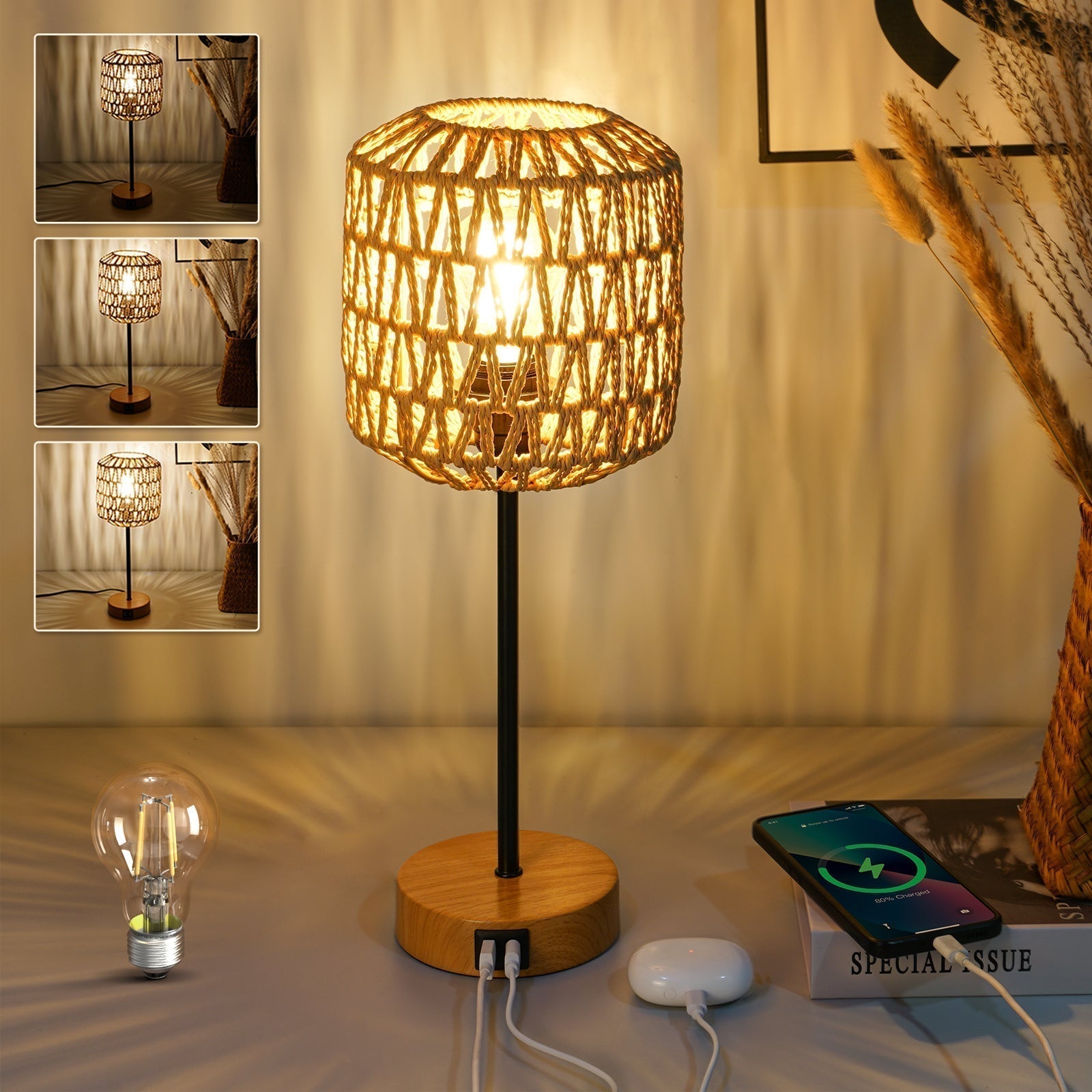 Elegant flettet bordlampe for hjemmet, med berøringskontroll og USB-lading. Dimbar for koselig stemning.