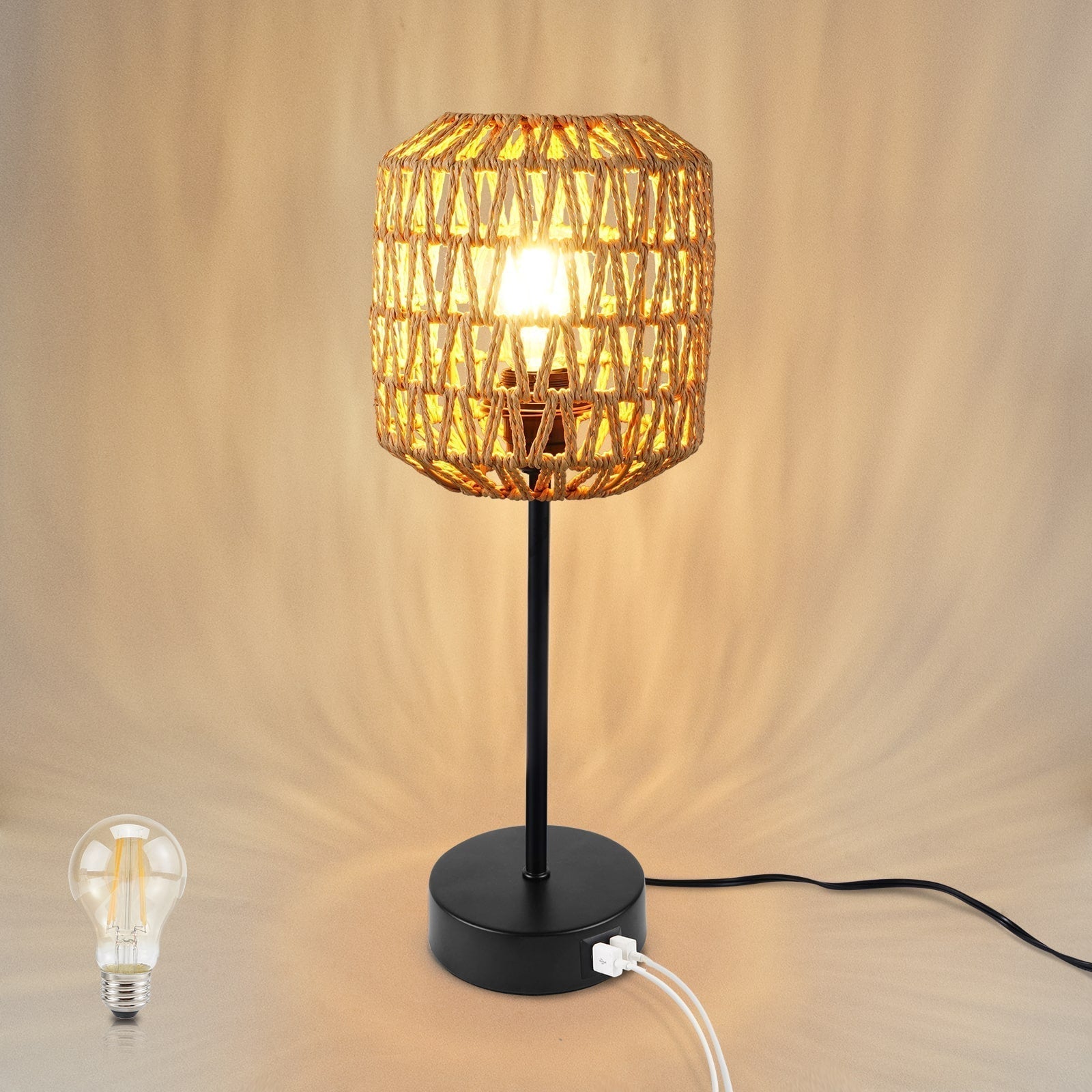 Moderne flettet bordlampe med USB-lading og berøringskontroll. En dimbar leselampe for hjemmebelysning.