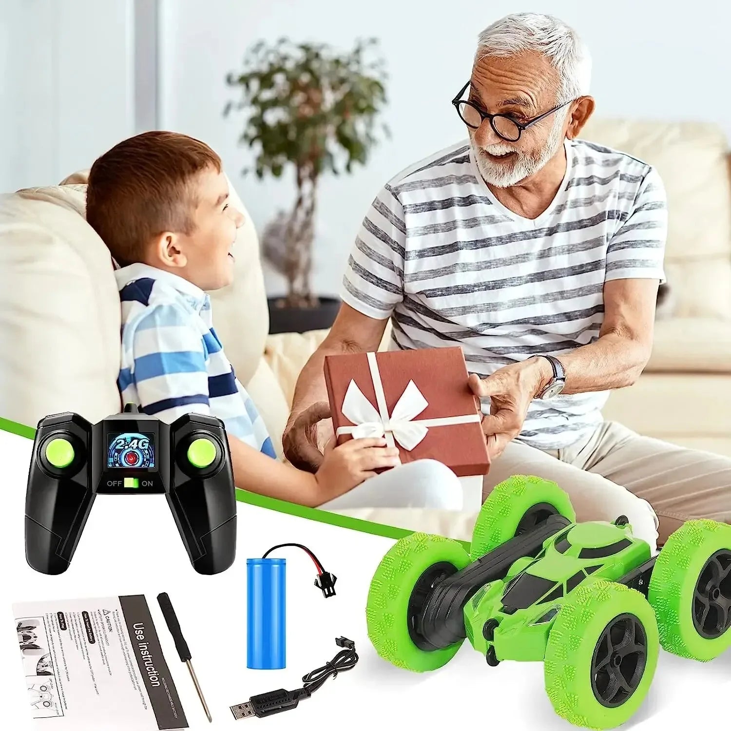 "Flip Xtreme RC Stuntbil leke utfører spektakulære 360° triks i robust terreng, perfekt for ubegrenset moro."