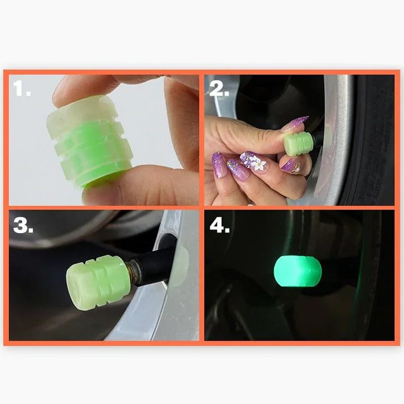 Fluorescerende dekkventil-kapper på bil i mørket, universelle og slitesterke, lysende grønn farge, ABS-materiale.