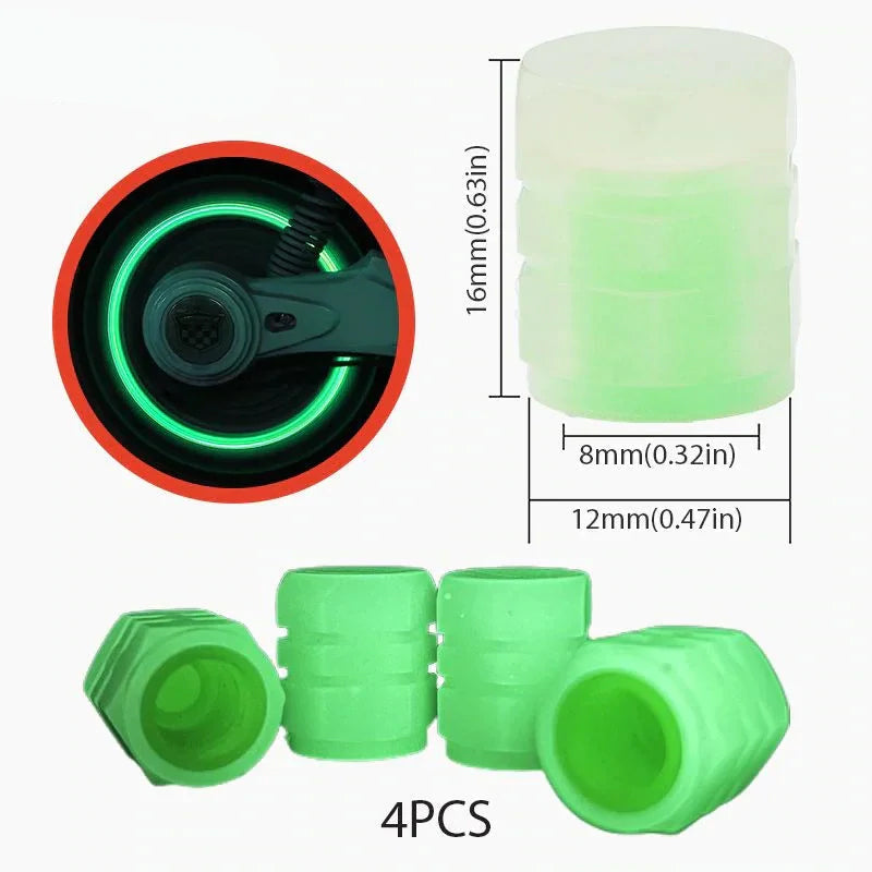 Fluorescerende dekkventil-kapper på bil i mørket, universelle og slitesterke, lysende grønn farge, ABS-materiale.