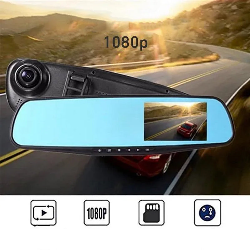 "Full HD dashbordkamera for bil, 1080P videoopptak foran/bak, svart, kompakt design, vidvinkelobjektiv og display."