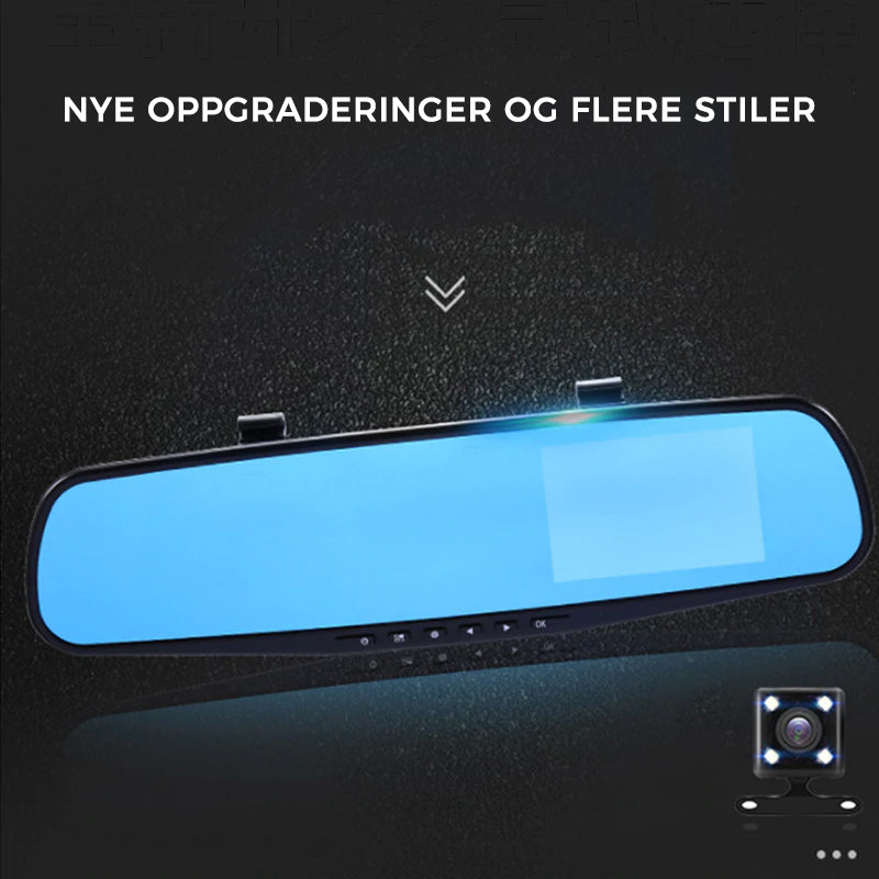 "Full HD dashbordkamera for bil, 1080P videoopptak foran/bak, svart, kompakt design, vidvinkelobjektiv og display."