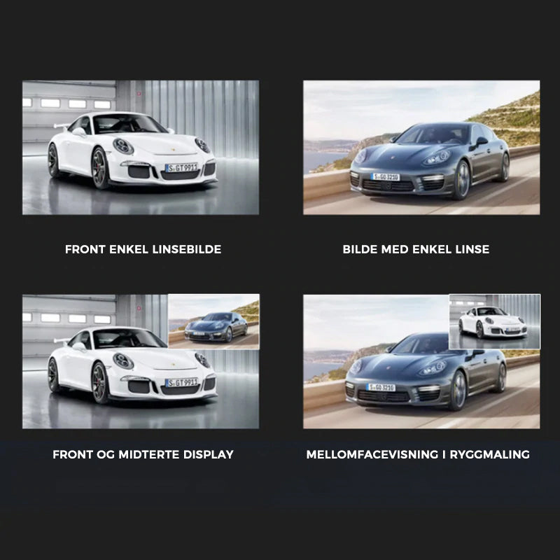 "Full HD dashbordkamera for bil, 1080P videoopptak foran/bak, svart, kompakt design, vidvinkelobjektiv og display."