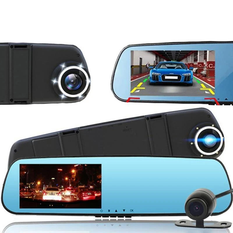 "Full HD dashbordkamera for bil, 1080P videoopptak foran/bak, svart, kompakt design, vidvinkelobjektiv og display."