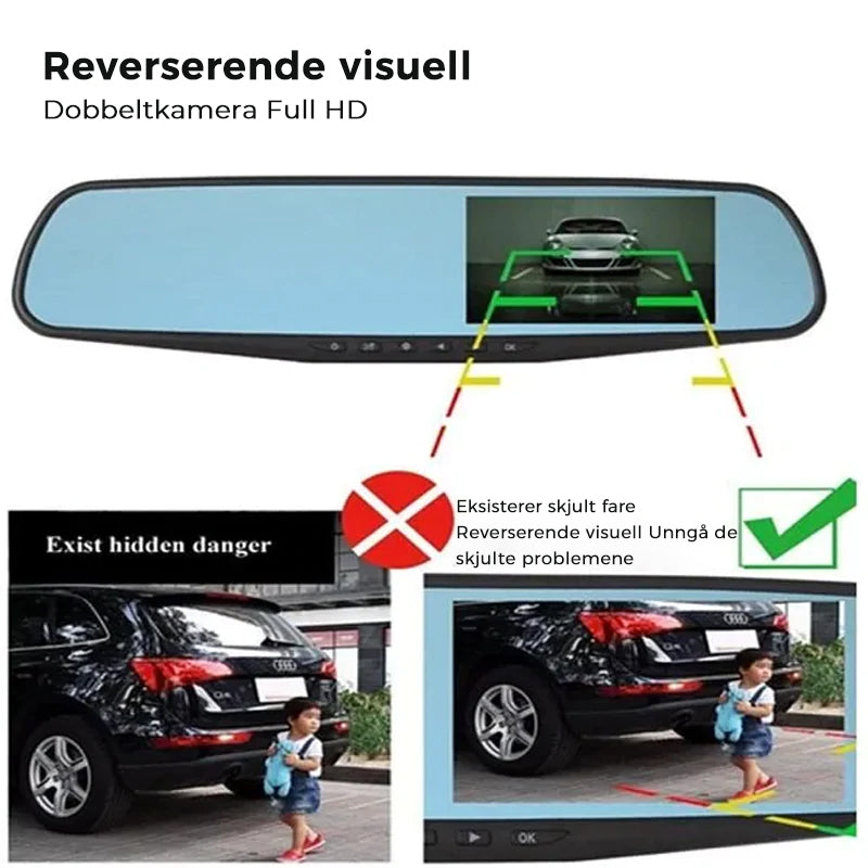 "Full HD dashbordkamera for bil, 1080P videoopptak foran/bak, svart, kompakt design, vidvinkelobjektiv og display."