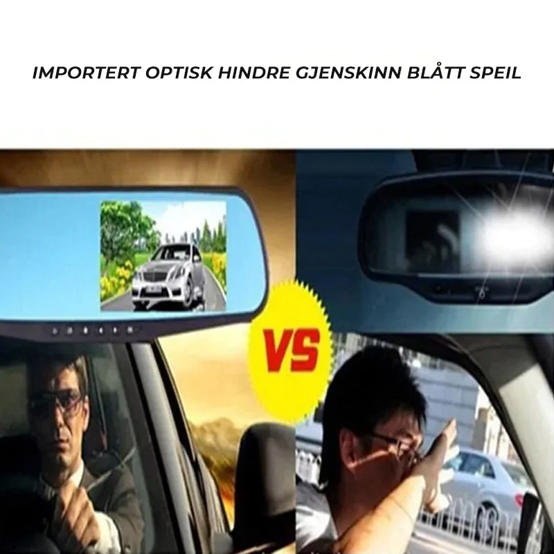 "Full HD dashbordkamera for bil, 1080P videoopptak foran/bak, svart, kompakt design, vidvinkelobjektiv og display."