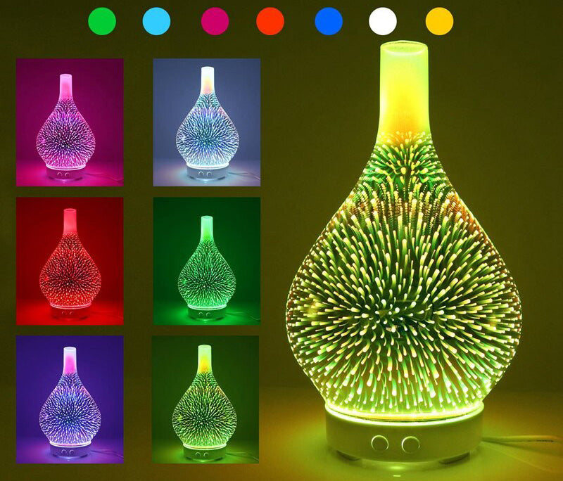 Dekorativ fyrverkeri luftfukter med 3D-glass, fungerer som aromaterapi diffuser og stemningsskapende belysning.