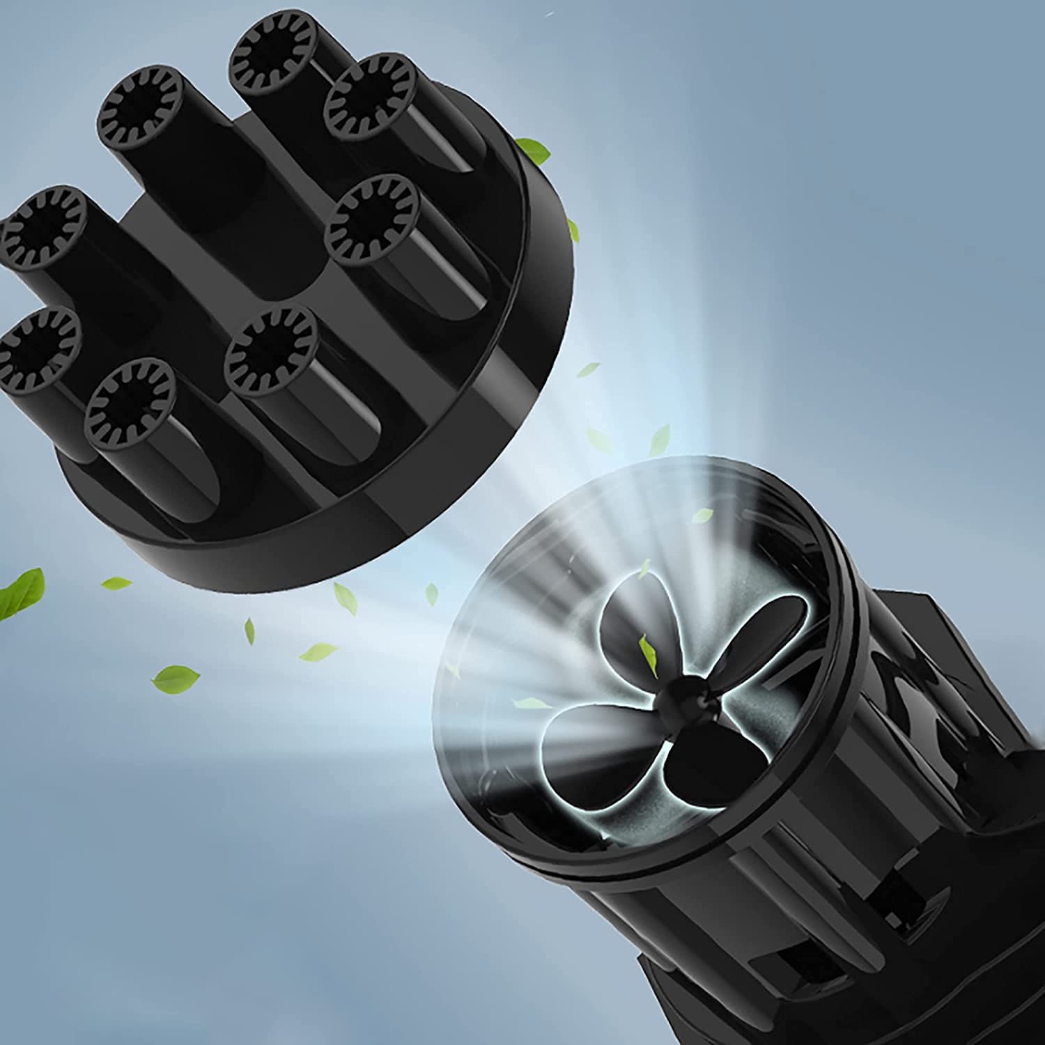 Nærbilde av munnstykket på Gatling boblekanon som slipper ut bobler raskt