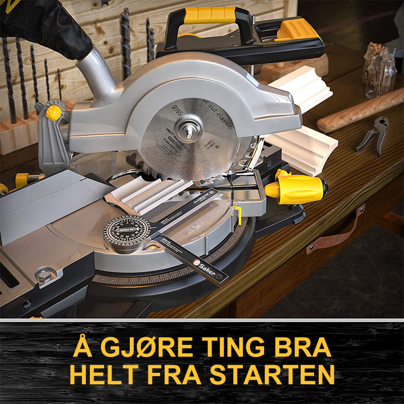 "Gjærsag vinkelmåler i anodisert aluminium med presis lasergravert skala for nøyaktig måling i tømrerarbeid."