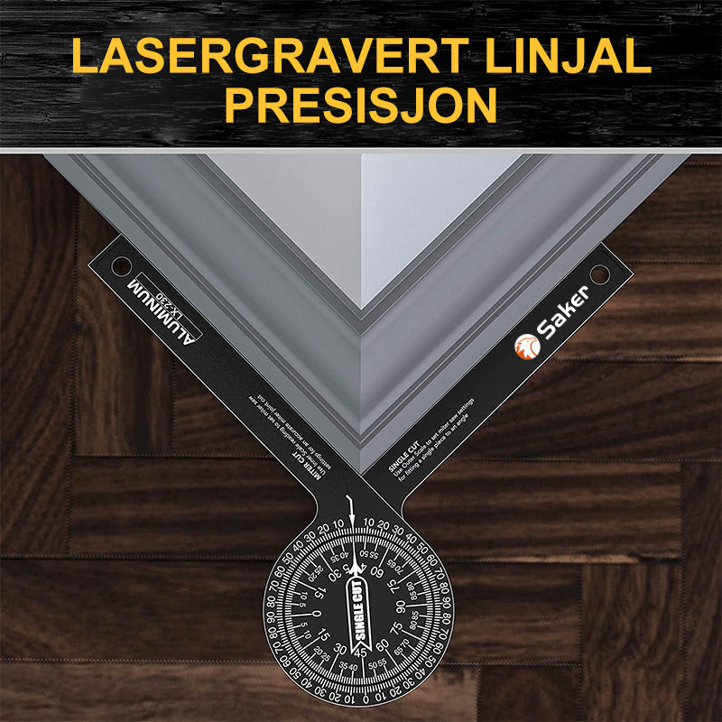 "Gjærsag vinkelmåler i anodisert aluminium med presis lasergravert skala for nøyaktig måling i tømrerarbeid."