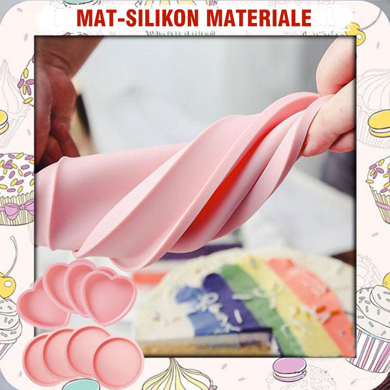 Gjenbrukbar lagdelt kakeform i rosa silikon, perfekt for å lage regnbuekaker, gir jevne lag uten oppskjæring.