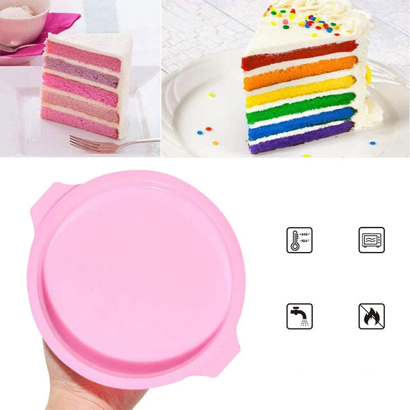 Gjenbrukbar lagdelt kakeform i rosa silikon, perfekt for å lage regnbuekaker, gir jevne lag uten oppskjæring.