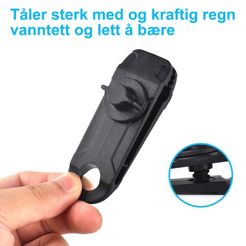 "Gjenbrukbar linoleum teltklemme i blåfarge med unik låsemekanisme, perfekt for sikker feste i camping."