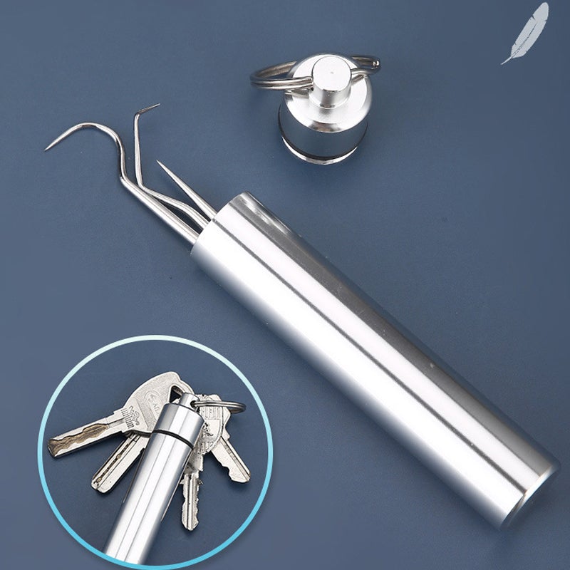 Gjenbrukbart tannpirker-sett i slitesterkt rustfritt stål, kompakt med nøkkelring, perfekt for personlig tannpleie.