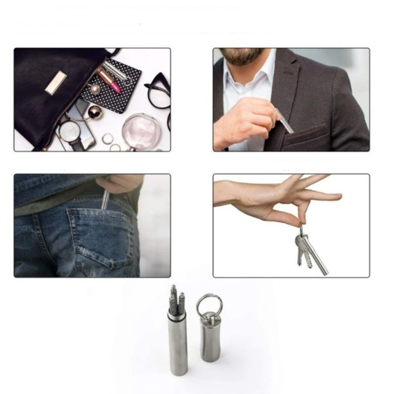 Gjenbrukbart tannpirker-sett i slitesterkt rustfritt stål, kompakt med nøkkelring, perfekt for personlig tannpleie.