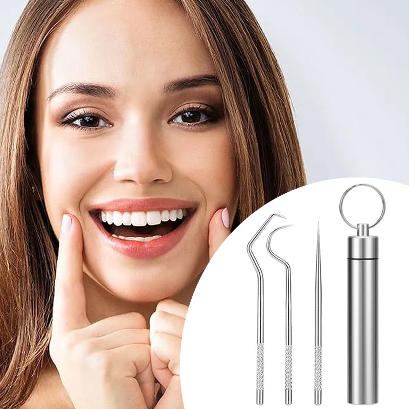 Gjenbrukbart tannpirker-sett i slitesterkt rustfritt stål, kompakt med nøkkelring, perfekt for personlig tannpleie.