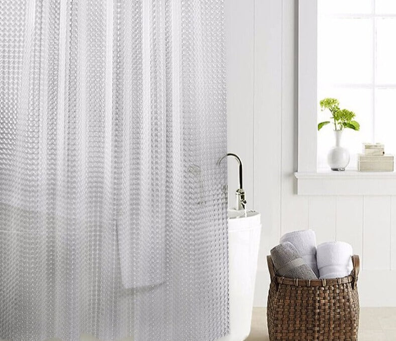 Stilfullt, gjennomsiktig dusjforheng med kube-mønster; perfekt for en elegant og lys baderomsinnredning.