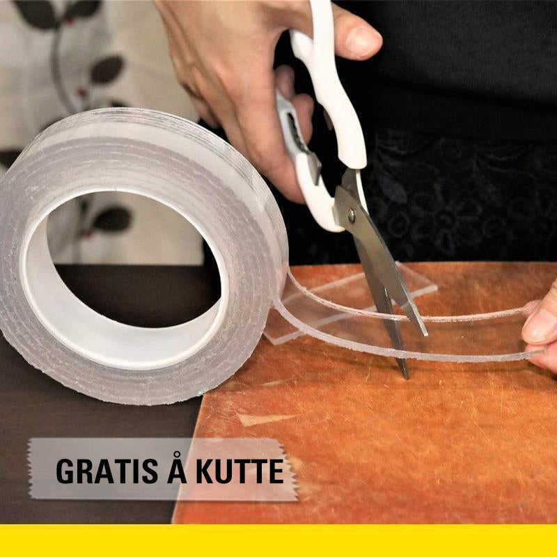"Gjennomsiktig, gjenbrukbar nano dobbeltsidig tape festet til diverse overflater. Perfekt for fleksibel hjemmebruk."