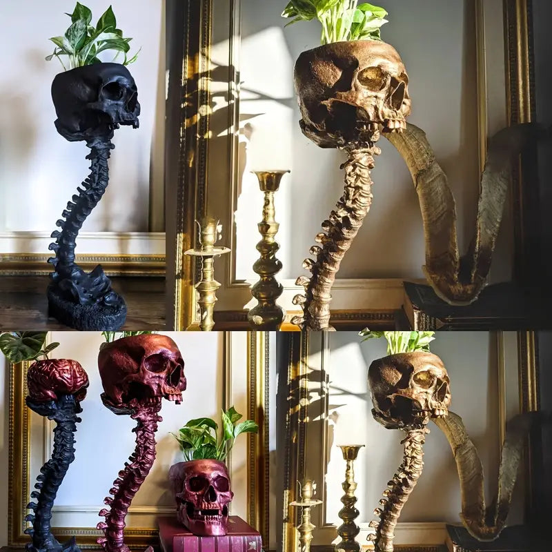 Skummel hodeskalle og ryggrad plantekasse, perfekt Halloween-dekor for planter.