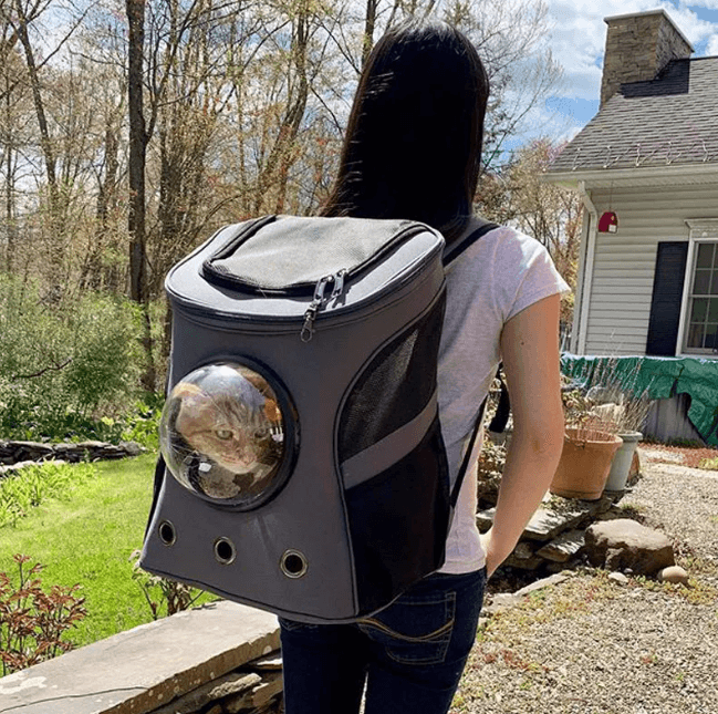 Khaki dyretransportryggsekk, med bryst- og midjestropper for jevn vektfordeling, for eventyr med kjæledyr.