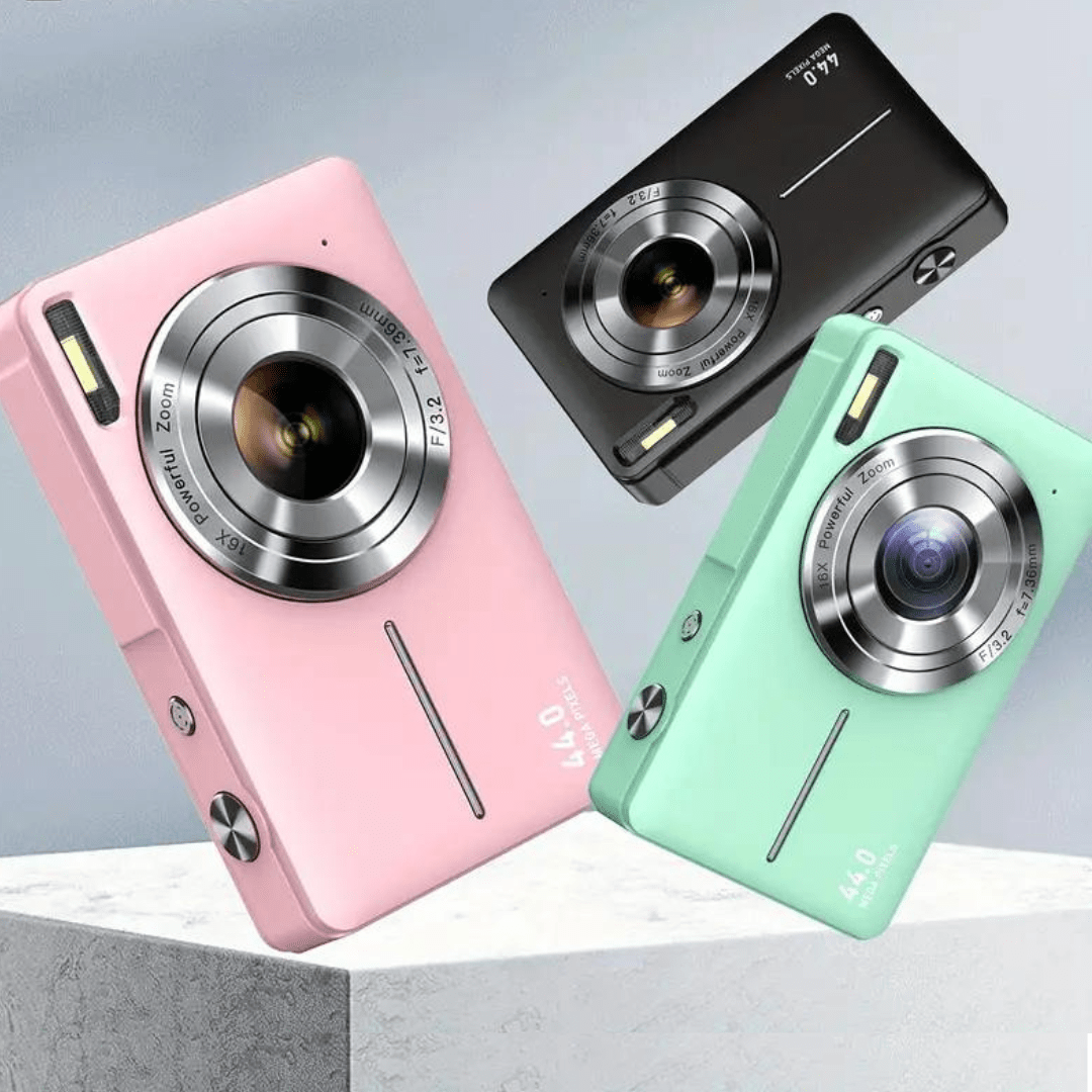 Rosa kompakt vintage digitalkamera, perfekt familiekamera med 1080p video og enkel bruk.