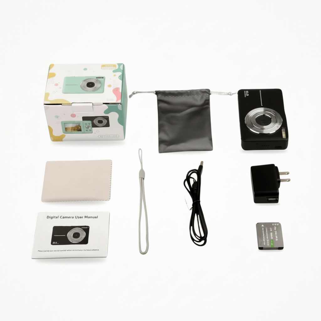 Svart retro digitalkamera med 1080p video, ideelt for festfotografering og gaveide.