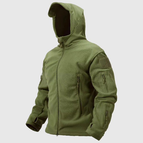 Grønn termisk hettejakke i fleece for herre. Varm vinterjakke, perfekt til utendørs bruk i kulden.