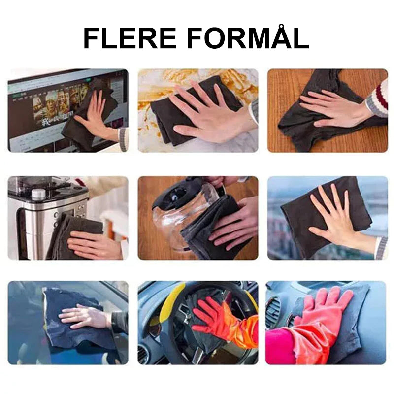 "Grå mikrofiberklut 30x30 cm, tykk og stripefri for effektiv rengjøring av glass og stål uten kjemikalier."