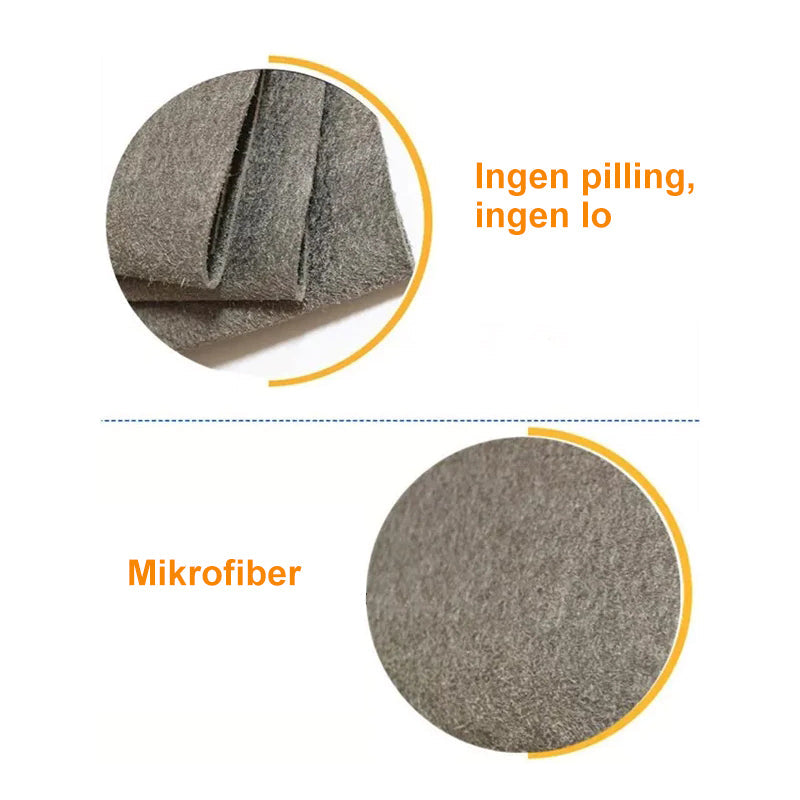 "Grå mikrofiberklut 30x30 cm, tykk og stripefri for effektiv rengjøring av glass og stål uten kjemikalier."