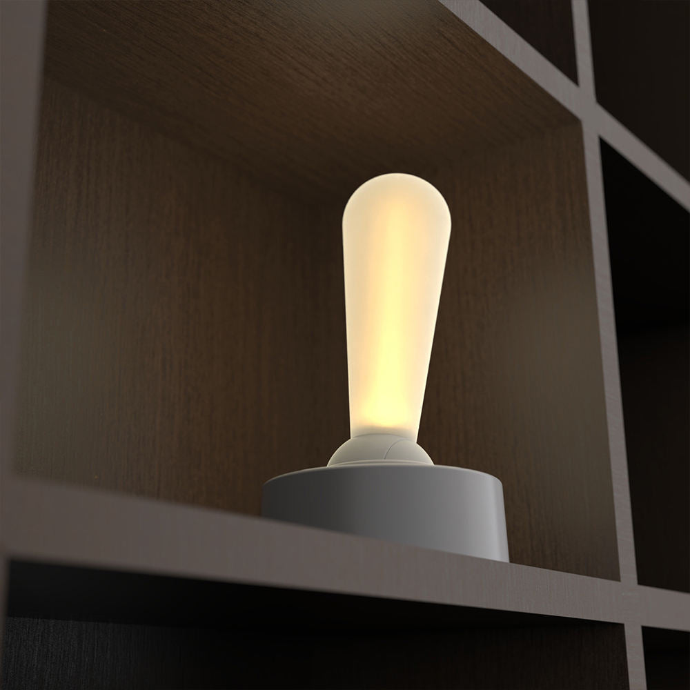 Grå og hvit bordlampe med retro spakbryter, LED-teknologi, oppladbar for fleksibel bruk, stilren minimalistisk design.